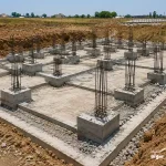 فونداسیون سوله ۵۰۰ متری در حال اجرا با پی منفرد، شناژ بتنی و آرماتوربندی ستون ها